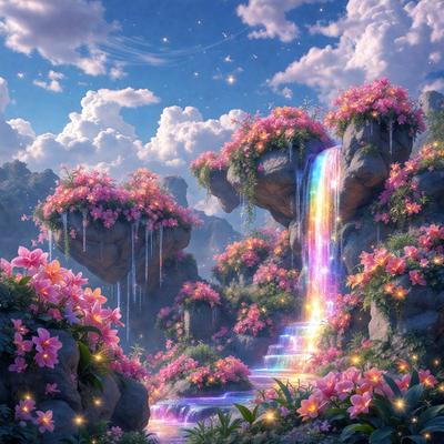The primary subject of the image is a beautiful waterfall surrounded by lush, colorful flowers. The waterfall is located in a picturesque setting, with a backdrop of a cloudy sky. The visual style of the image is a combination of photo and digital art, creating a vibrant and captivating scene. The dominant colors in the image are pink, purple, and blue, giving the scene a serene and calming atmosphere.